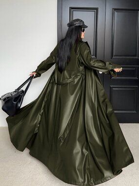 Army Green Casual Women's Plus Size Lapel Long Sleeve faux leather Trench Coat